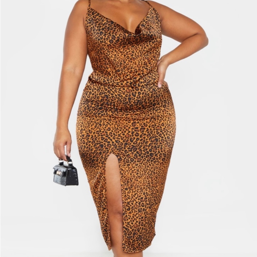 Plus Leopard Print Strappy Satin Cowl Midi Dress